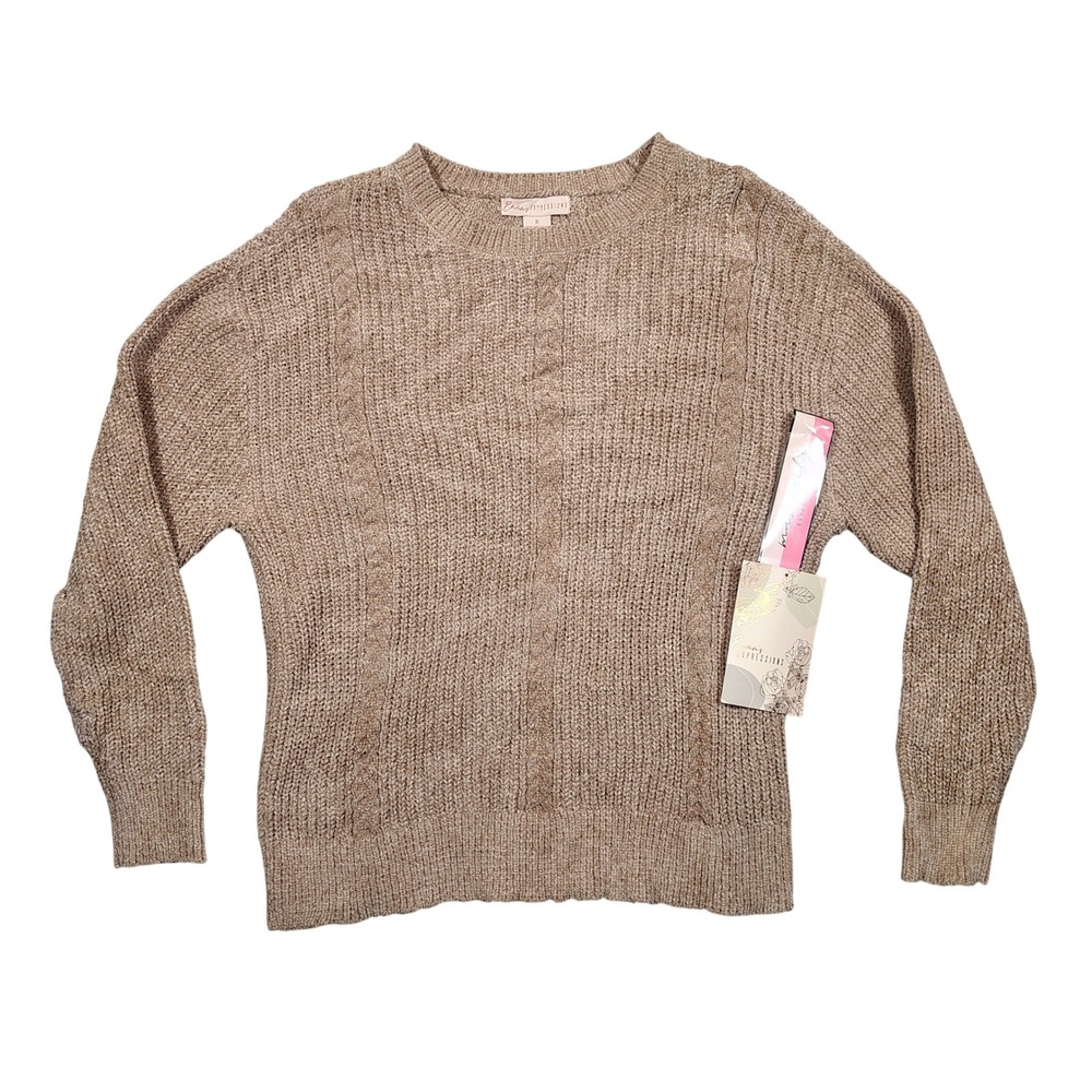 Emma's Expressions Maternity Sweater Women Small Tan Cable Knit Chenille Poly.